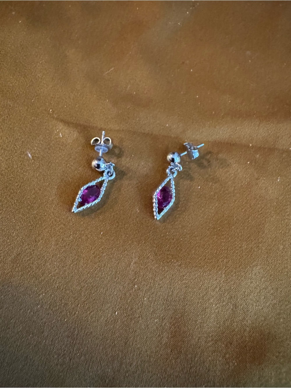Silver Drop Earrings with Deep Pink Gemstones